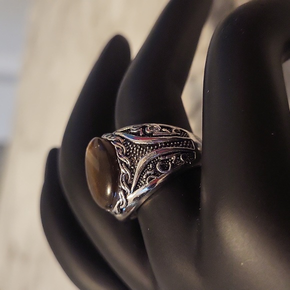 Vintage Tiger Eye Silvery Ring Bohemian Style Size 8 - Picture 8 of 17